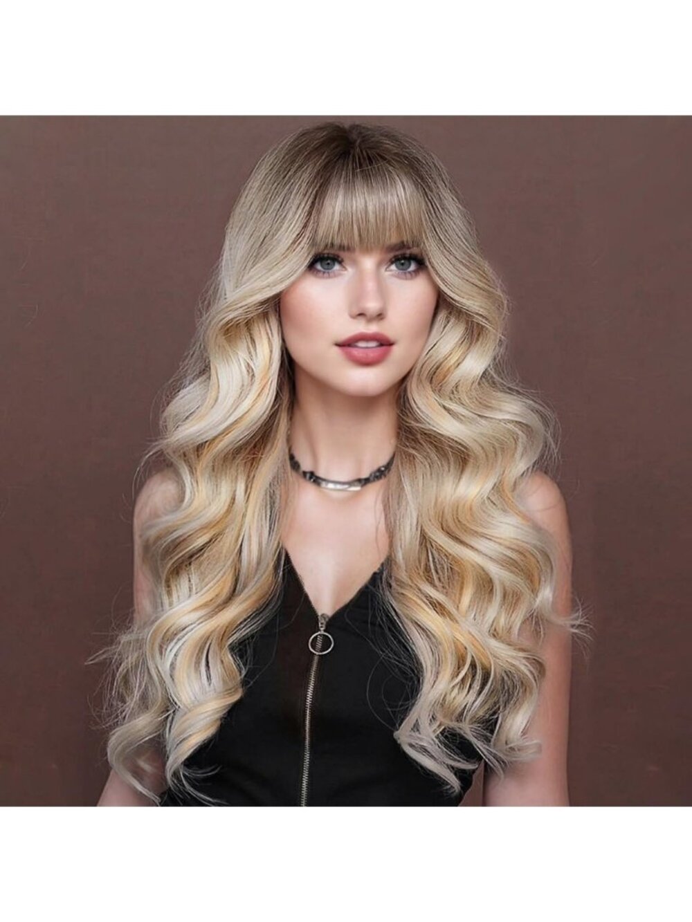 Women's Fashion Blonde Ombre Soft Long Natural Looking Wavy Curly Wig with Bangs